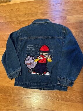 Tuff Guys Kids Blue Denim Jacket Red Beanie Graphic embroidered vintage size 7